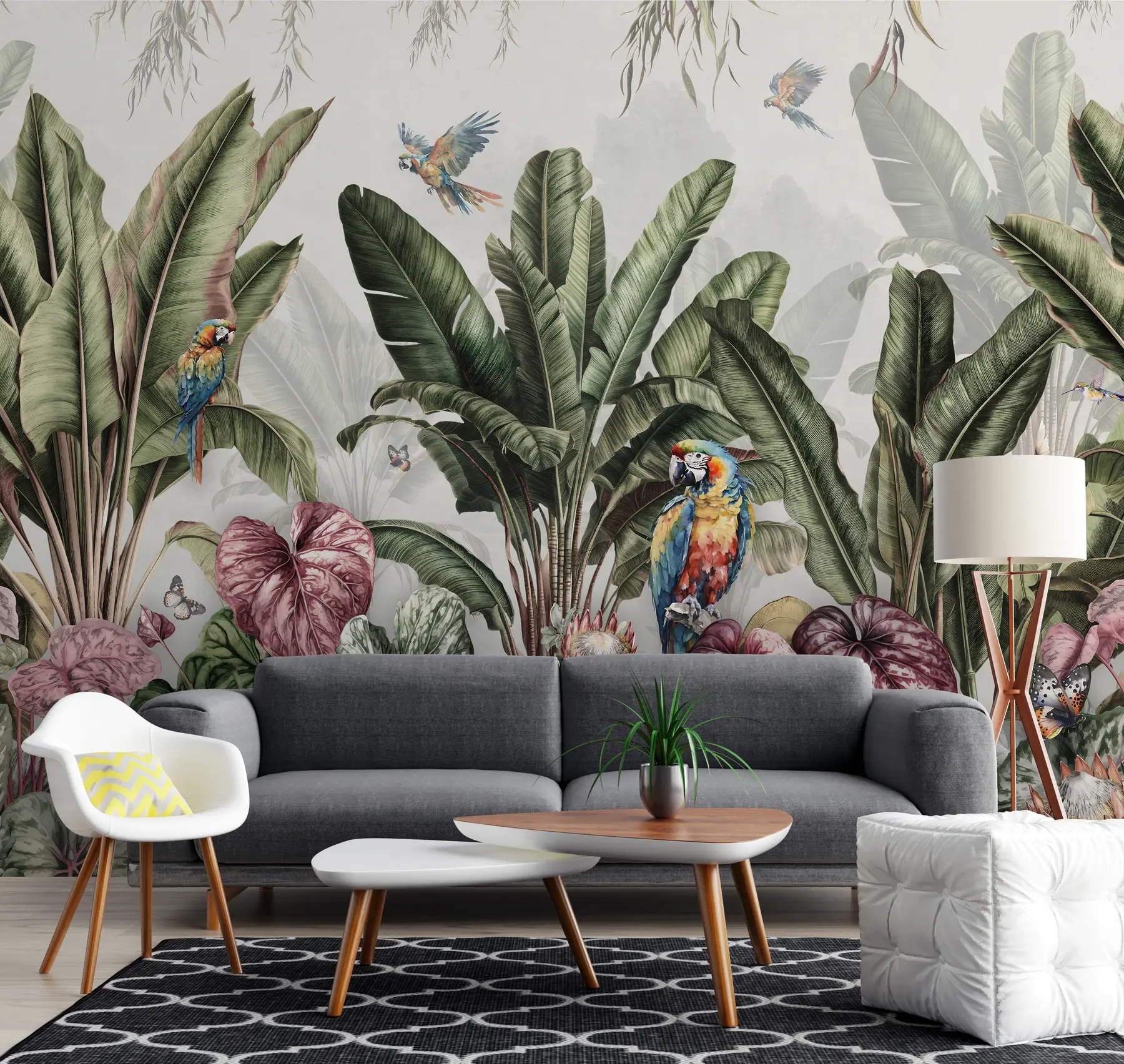 wall murals Tropical banana palms in a landscape with macaws and butterflies in vintage style u95371