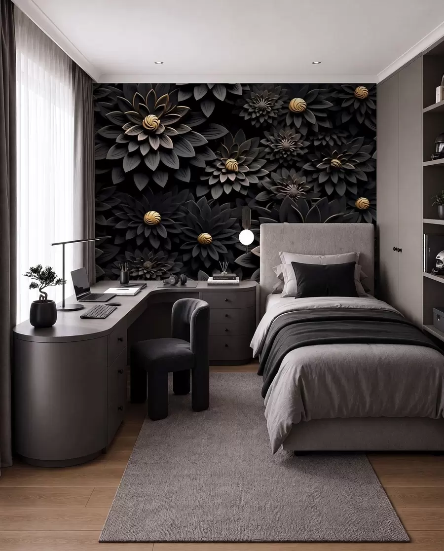 wall murals Black flowers with 3D effect u95249