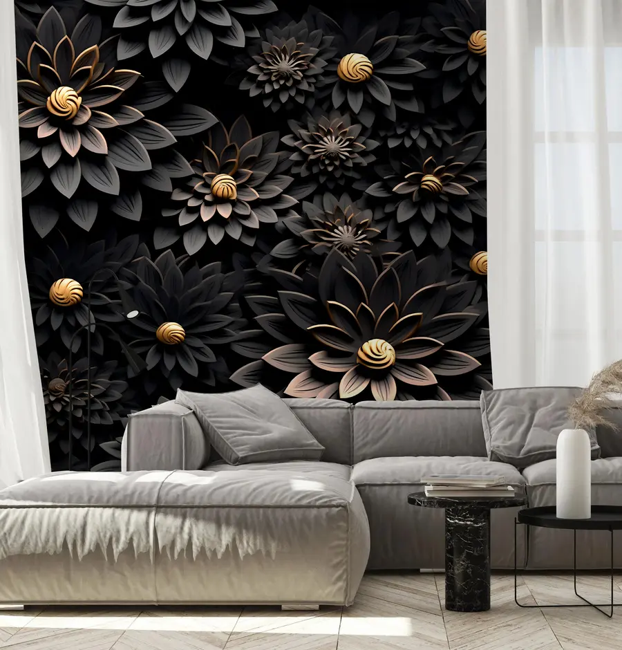 wall murals Black flowers with 3D effect u95249