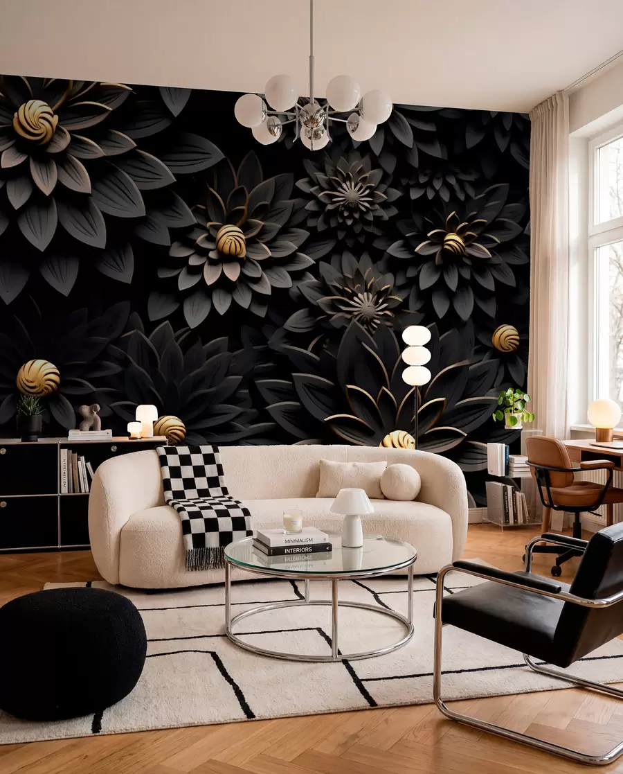 wall murals Black flowers with 3D effect u95249
