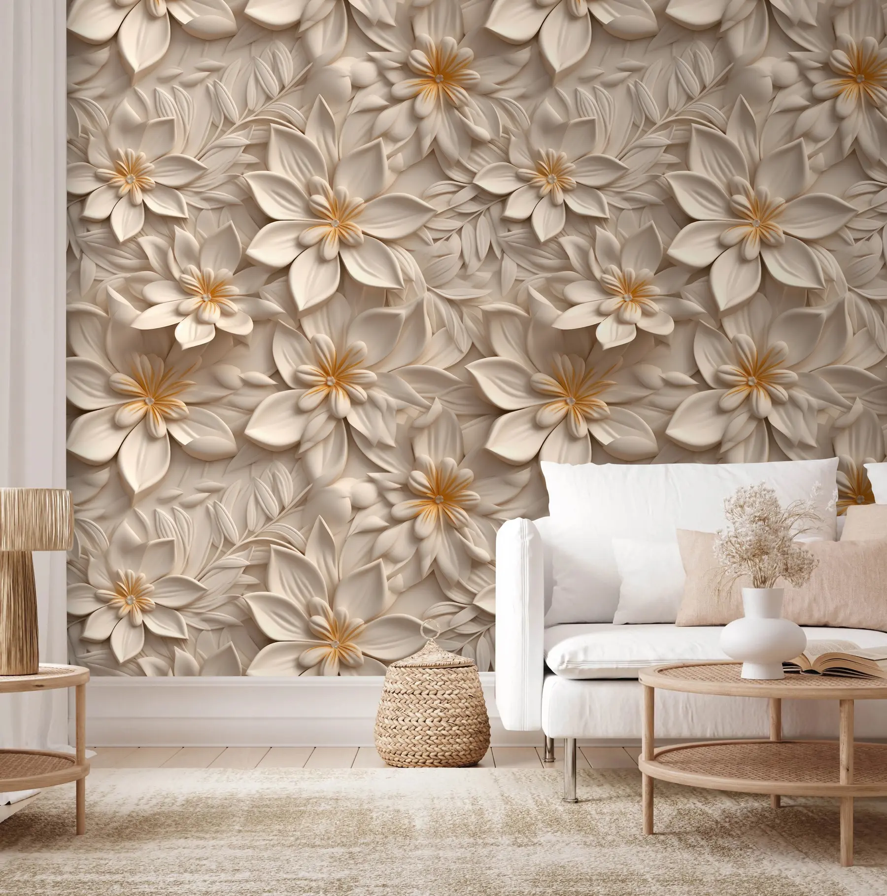 wall murals Scattering of white flowers with a 3D effect u95251