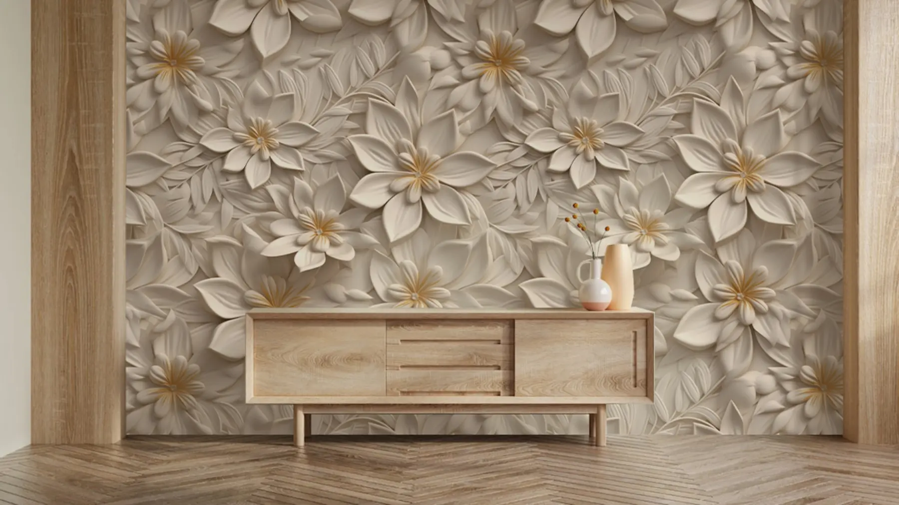 wall murals Scattering of white flowers with a 3D effect u95251