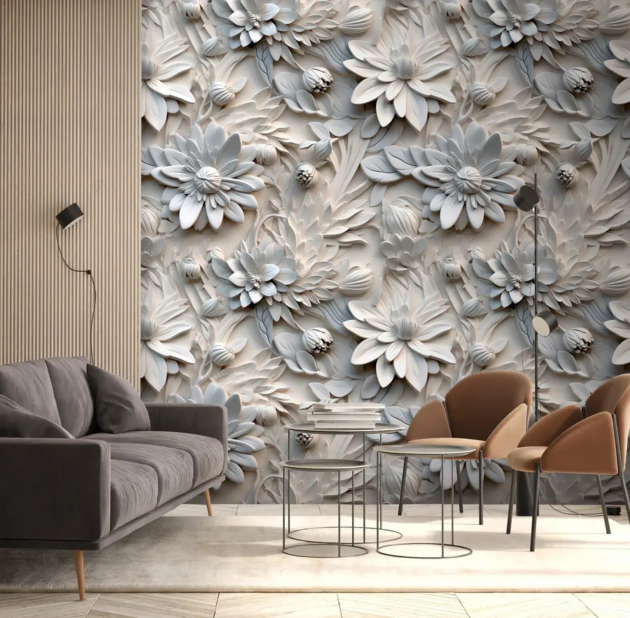 wall murals Volumetric 3D flowers in light colors u95589