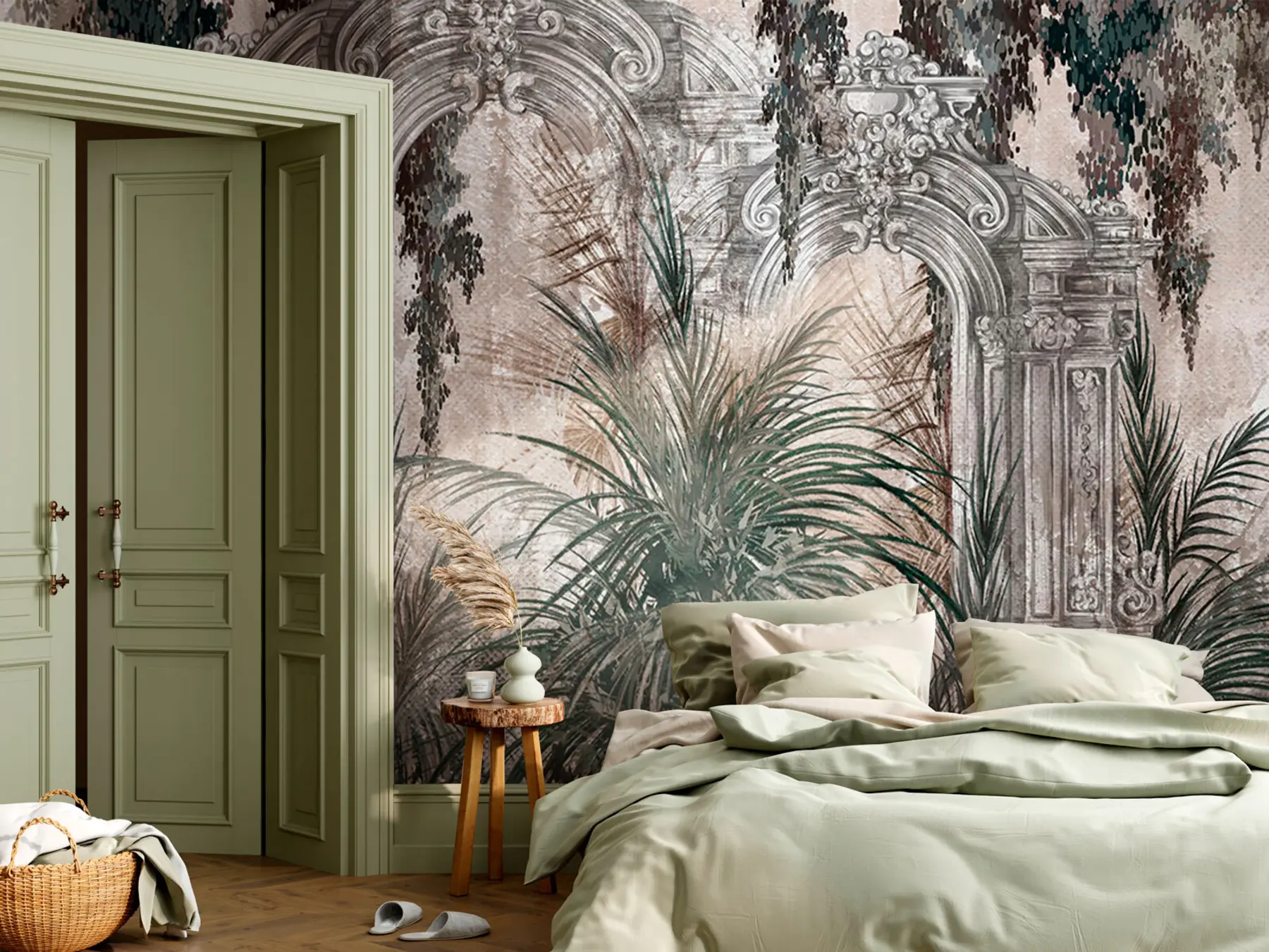 wall murals Ancient architecture with tropical leaves u95500
