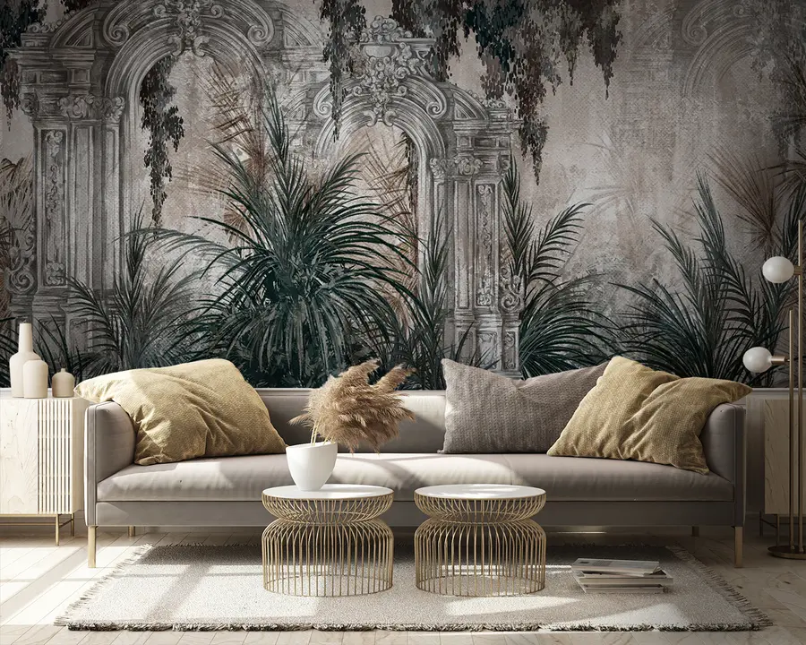 wall murals Ancient architecture with tropical leaves u95500
