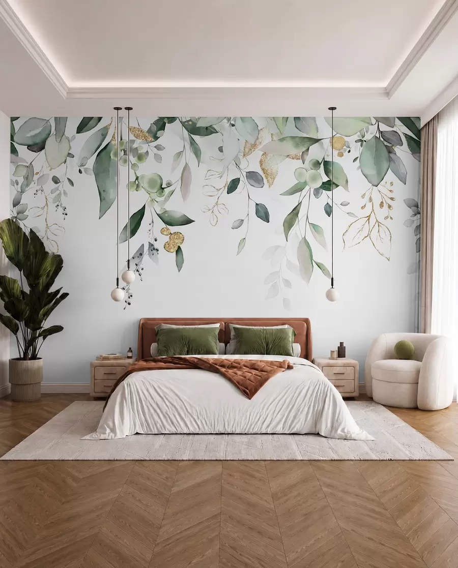 wall murals Hanging eucalyptus leaves on a white background u95506