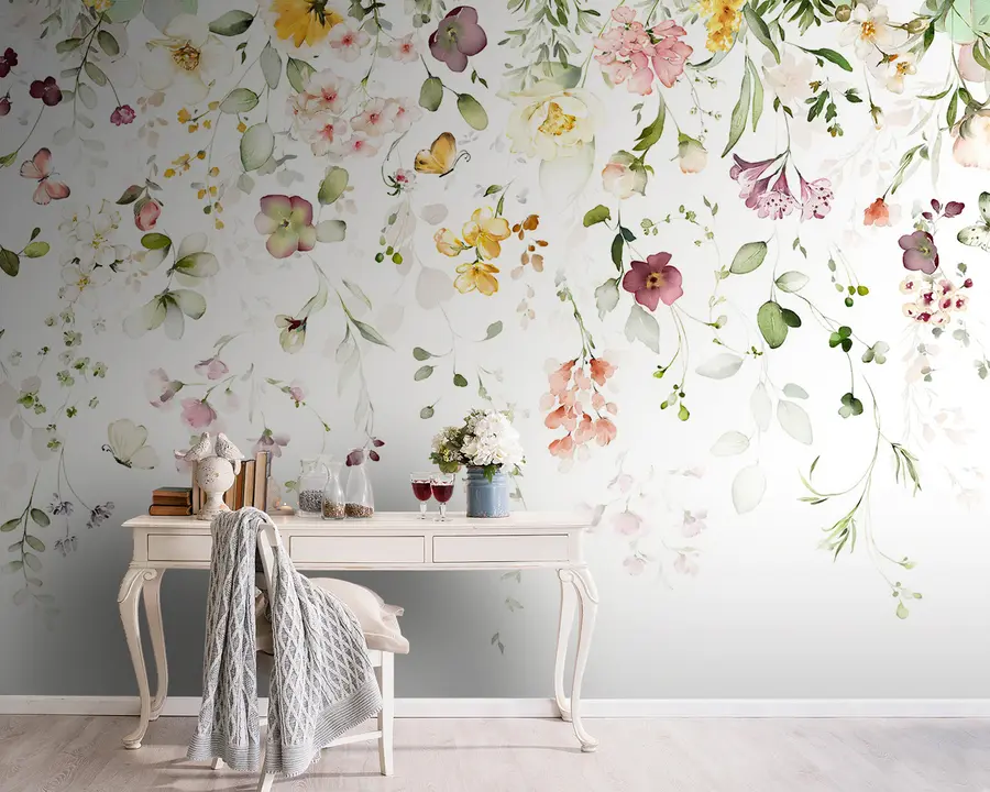 wall murals Watercolor compositions with garden flowers u95507