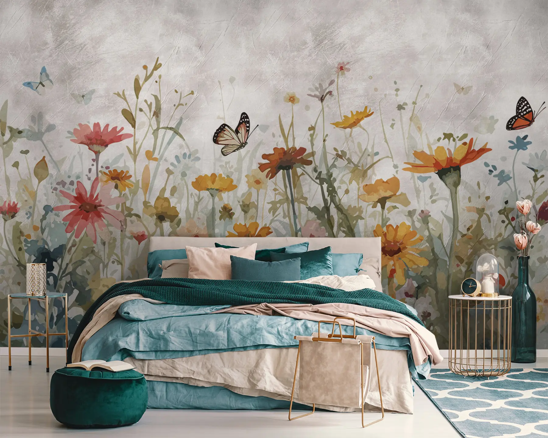 wall murals Watercolor wildflowers and butterflies u95406