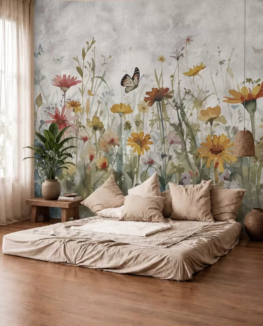 wall murals Watercolor wildflowers and butterflies u95406