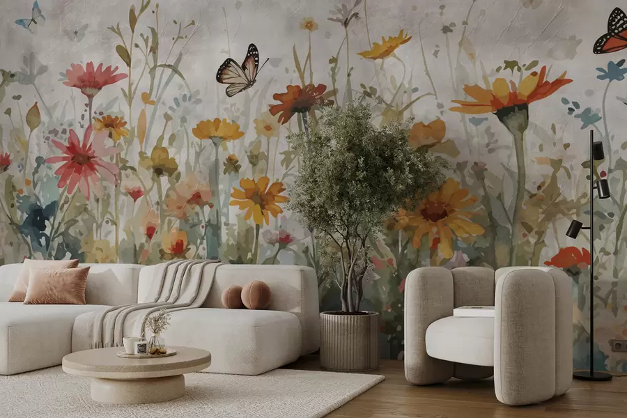 wall murals Watercolor wildflowers and butterflies u95406