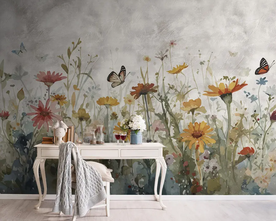 wall murals Watercolor wildflowers and butterflies u95406