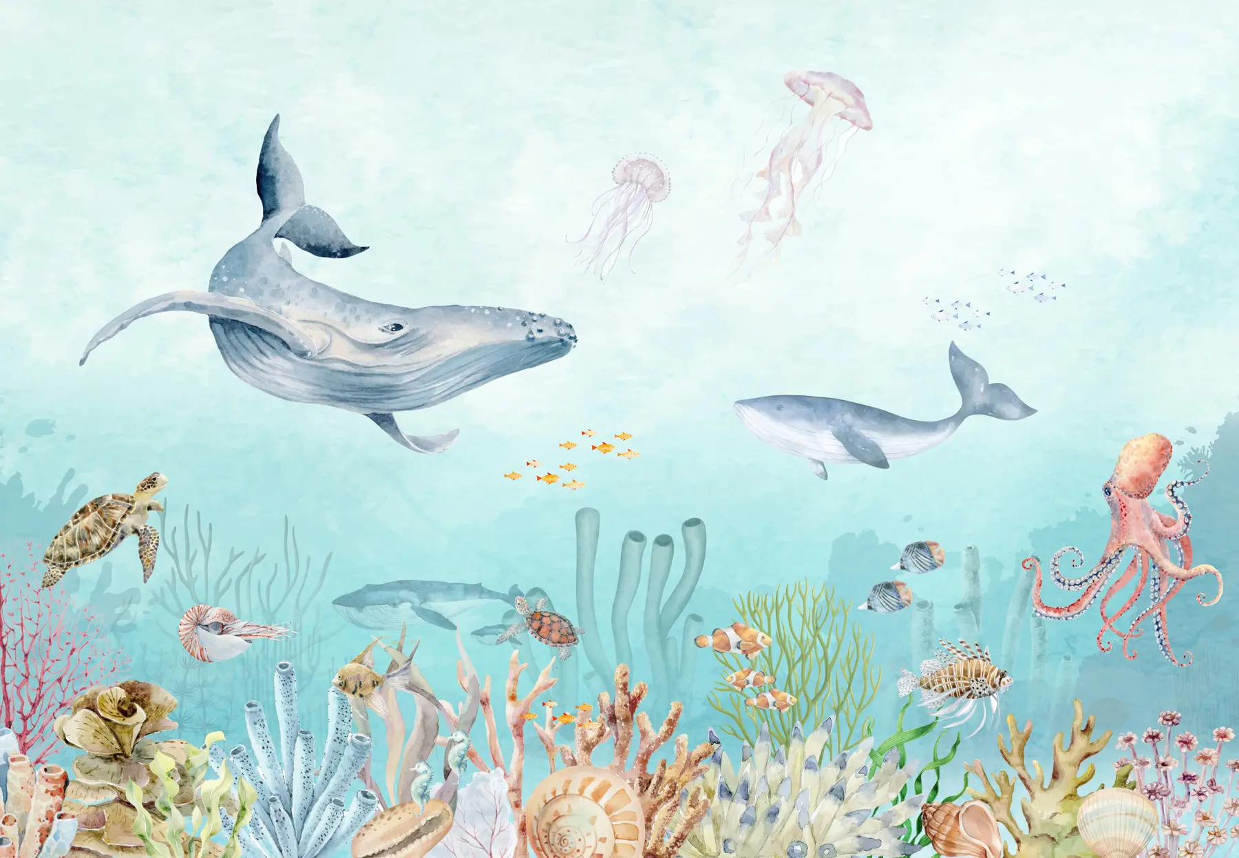 wall murals Marine universe, big whales, fish and turtles u95446