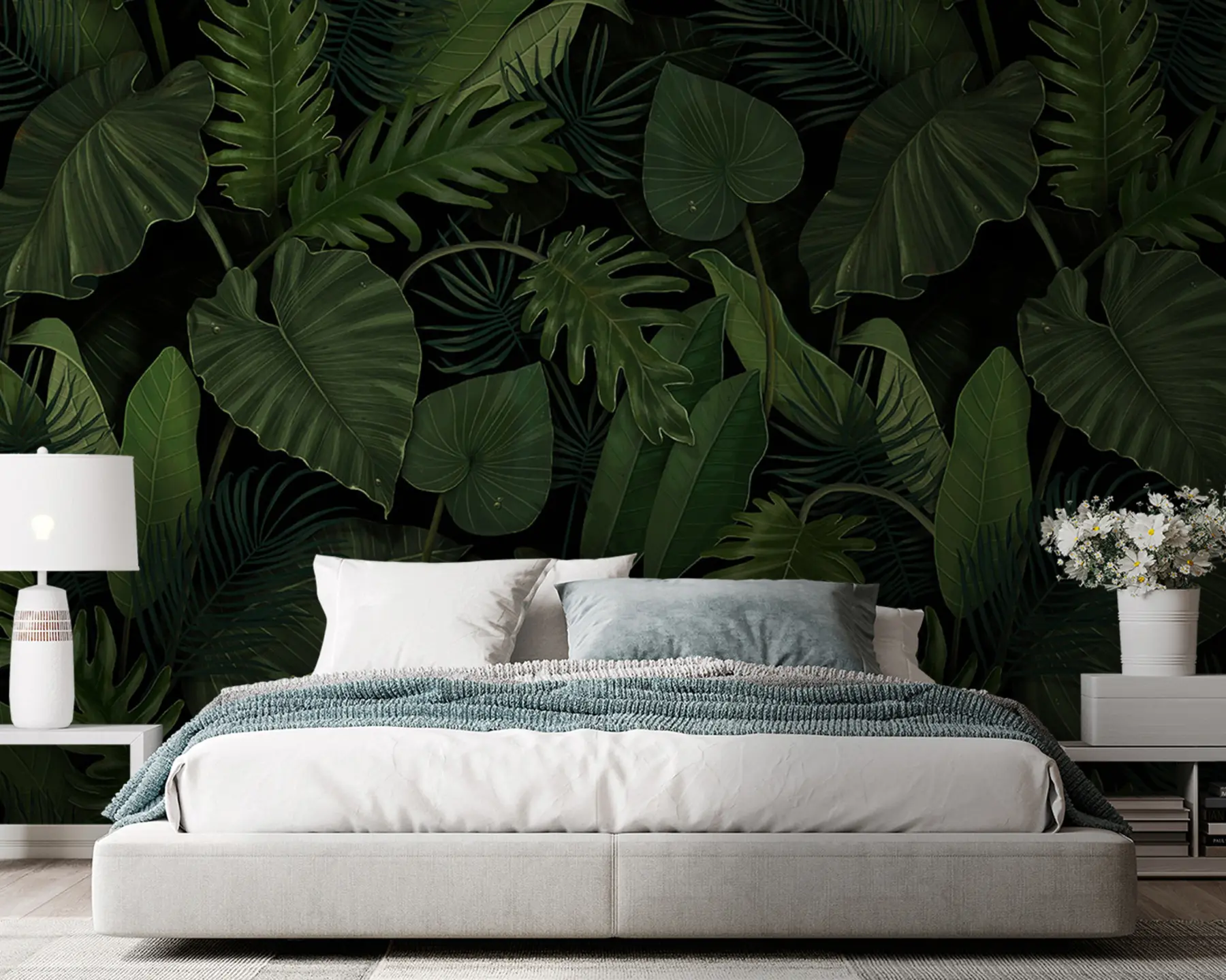 wall murals Pattern with tropical green palm, taro, banana leaves u95470
