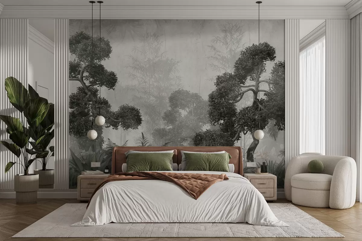 wall murals Tropical trees and leaves in a misty forest u95901