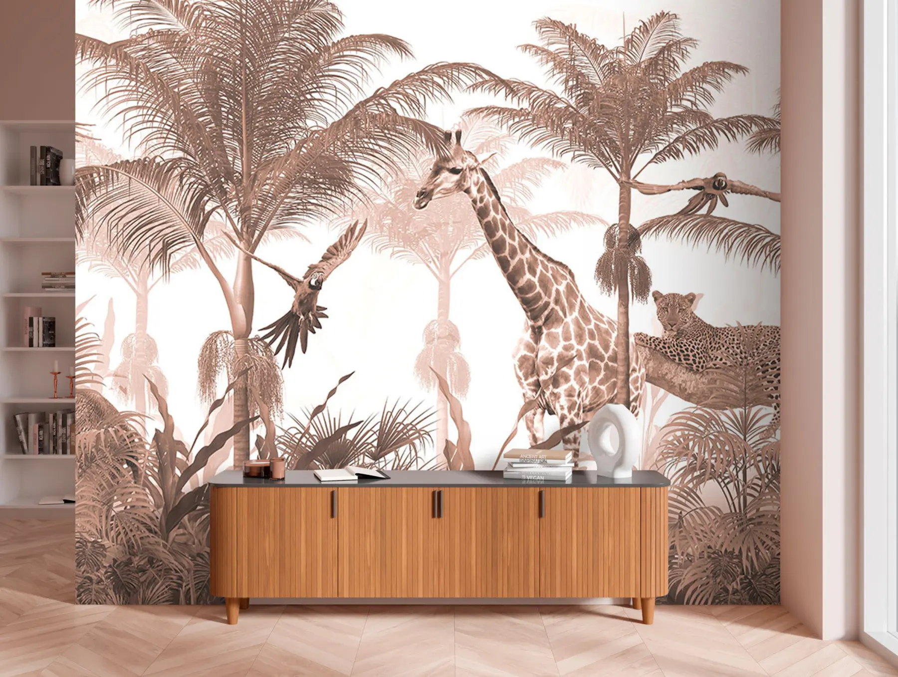 wall murals Tropical tree wallpaper design with animals u95906