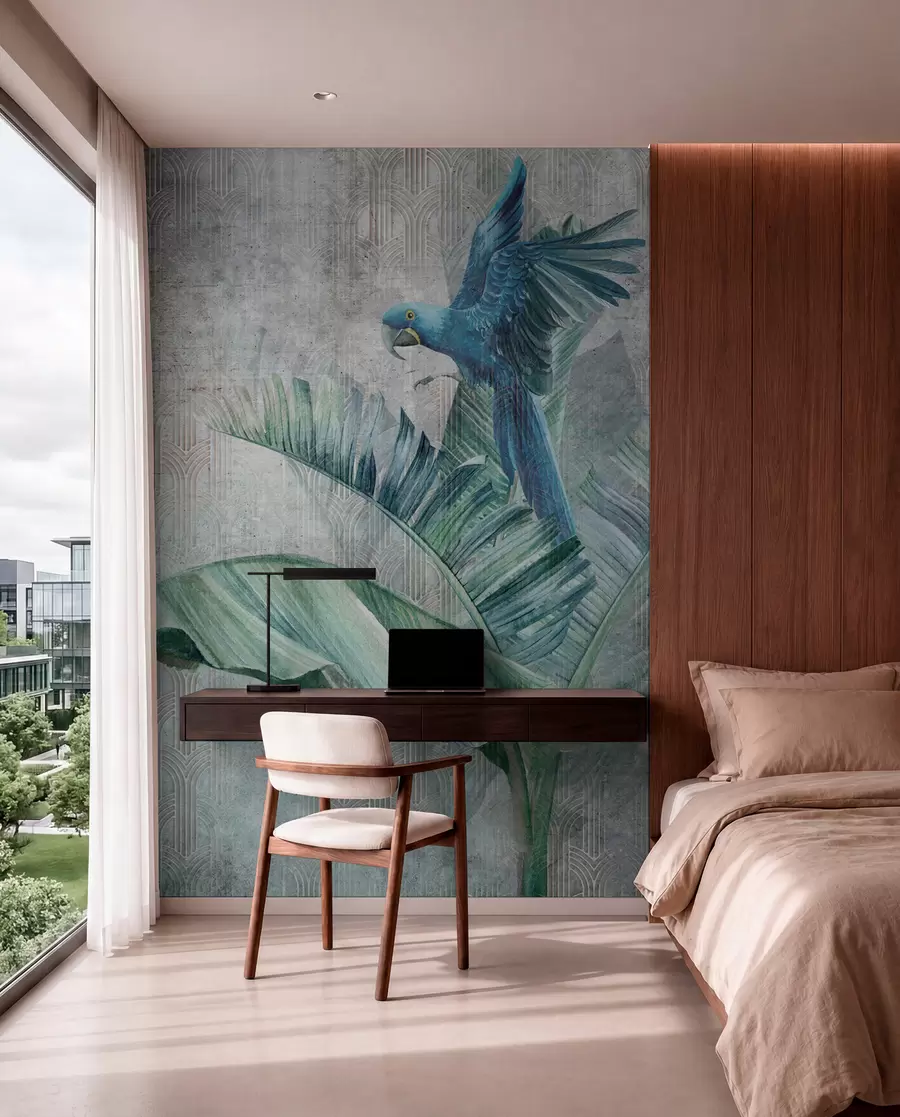 wall murals Big blue parrot on banana tree with grunge concrete texture u95432