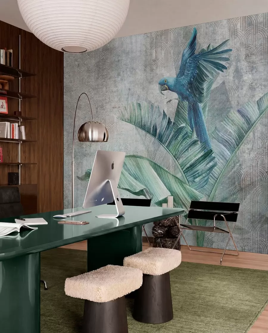 wall murals Big blue parrot on banana tree with grunge concrete texture u95432