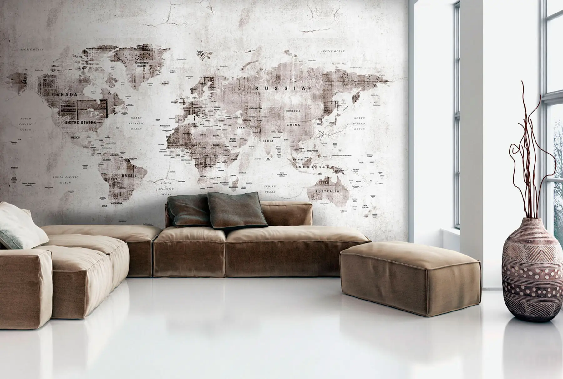 wall murals Detailed world map on concrete grunge texture u95433