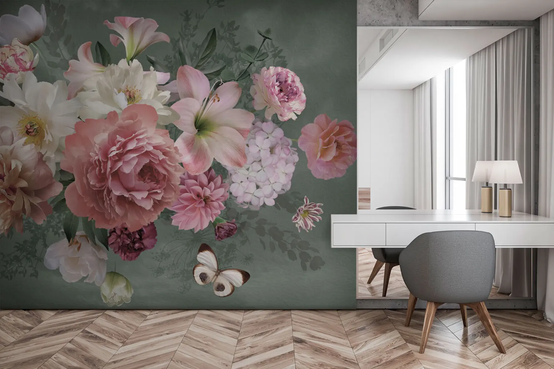 wall murals A blooming garden of flowers with a butterfly u95818