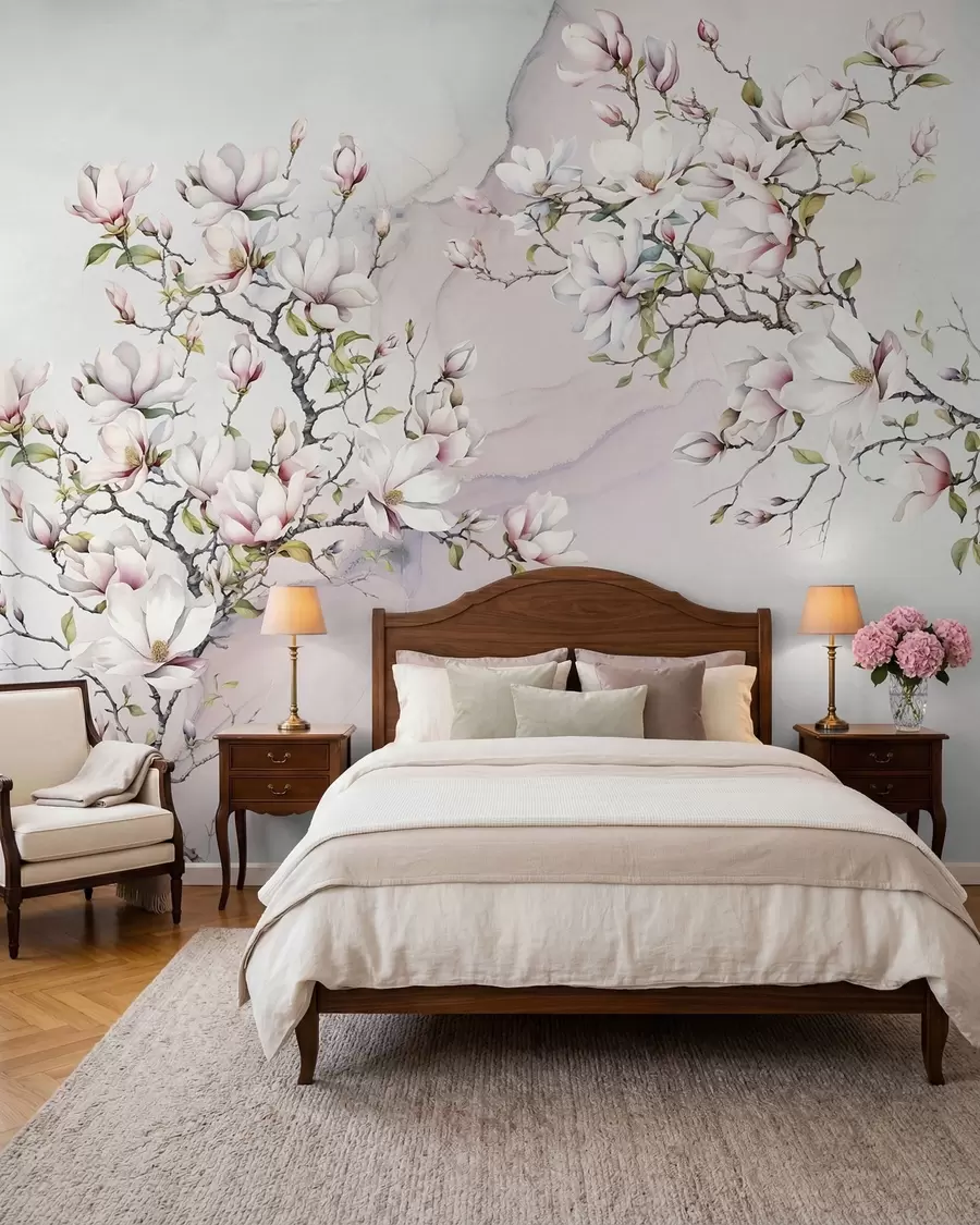 wall murals Blooming magnolia trees on a marble background u96114
