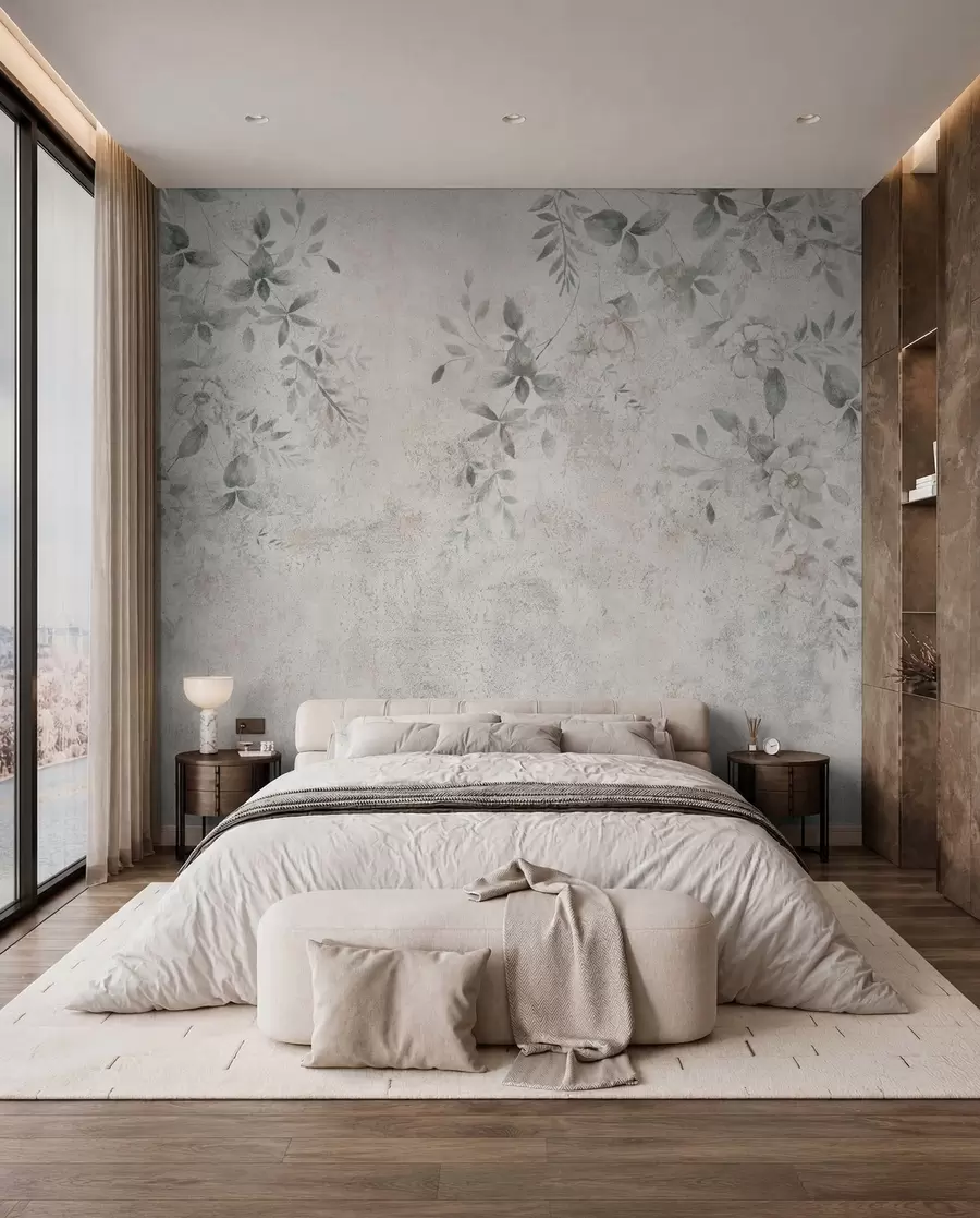 wall murals Flowers with branches on concrete grunge background minimalism u96140