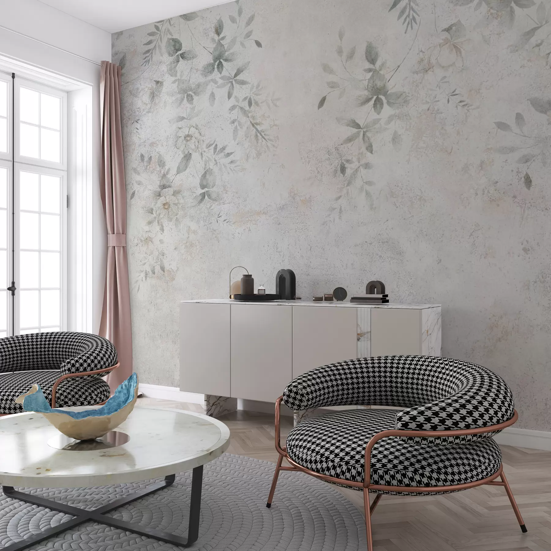 wall murals Flowers with branches on concrete grunge background minimalism u96140