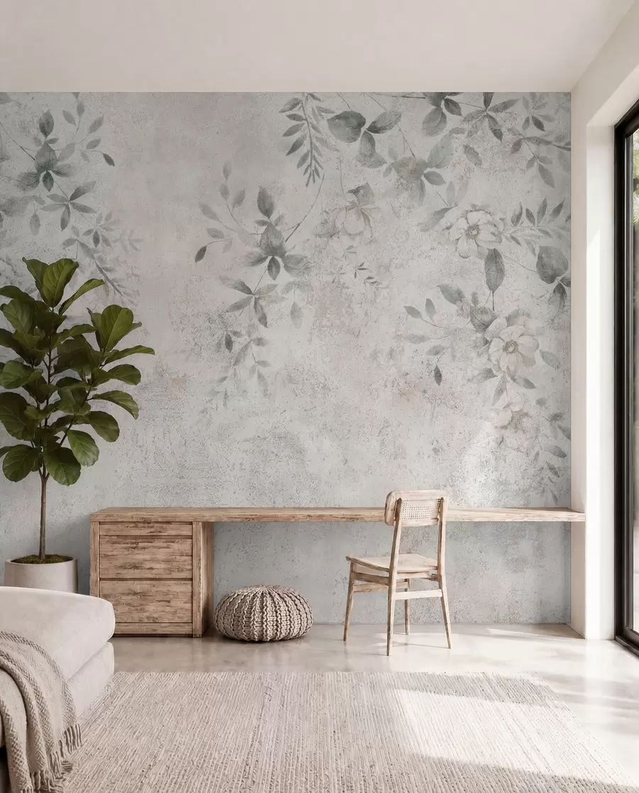 wall murals Flowers with branches on concrete grunge background minimalism u96140
