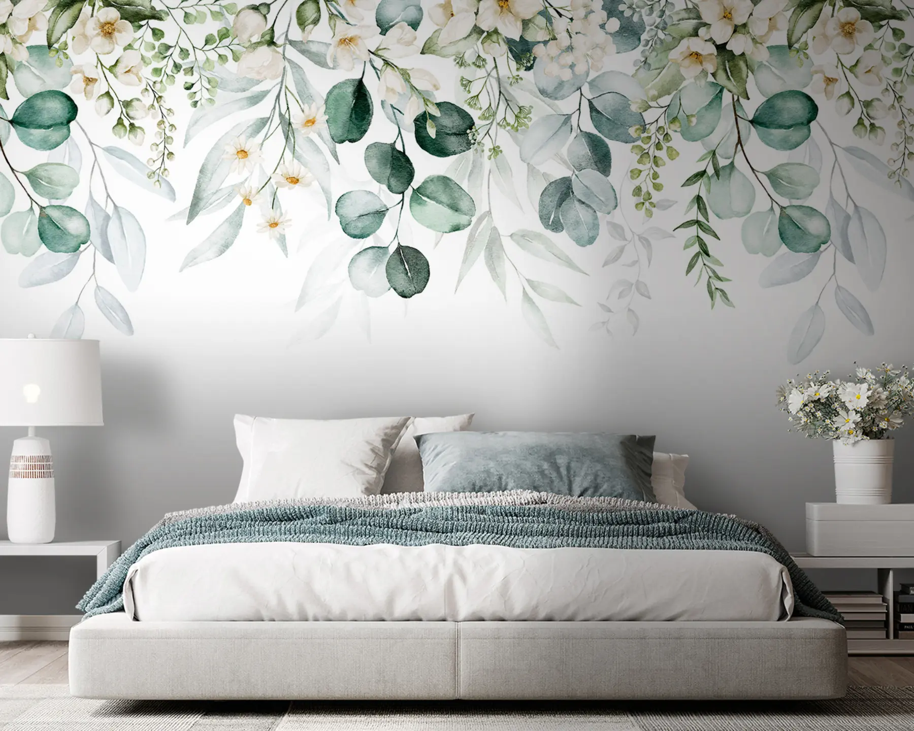 wall murals Illustration with green leaves, white flowers, peony and branches u96063
