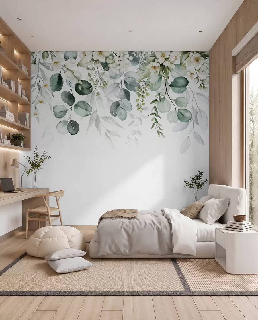 wall murals Illustration with green leaves, white flowers, peony and branches u96063