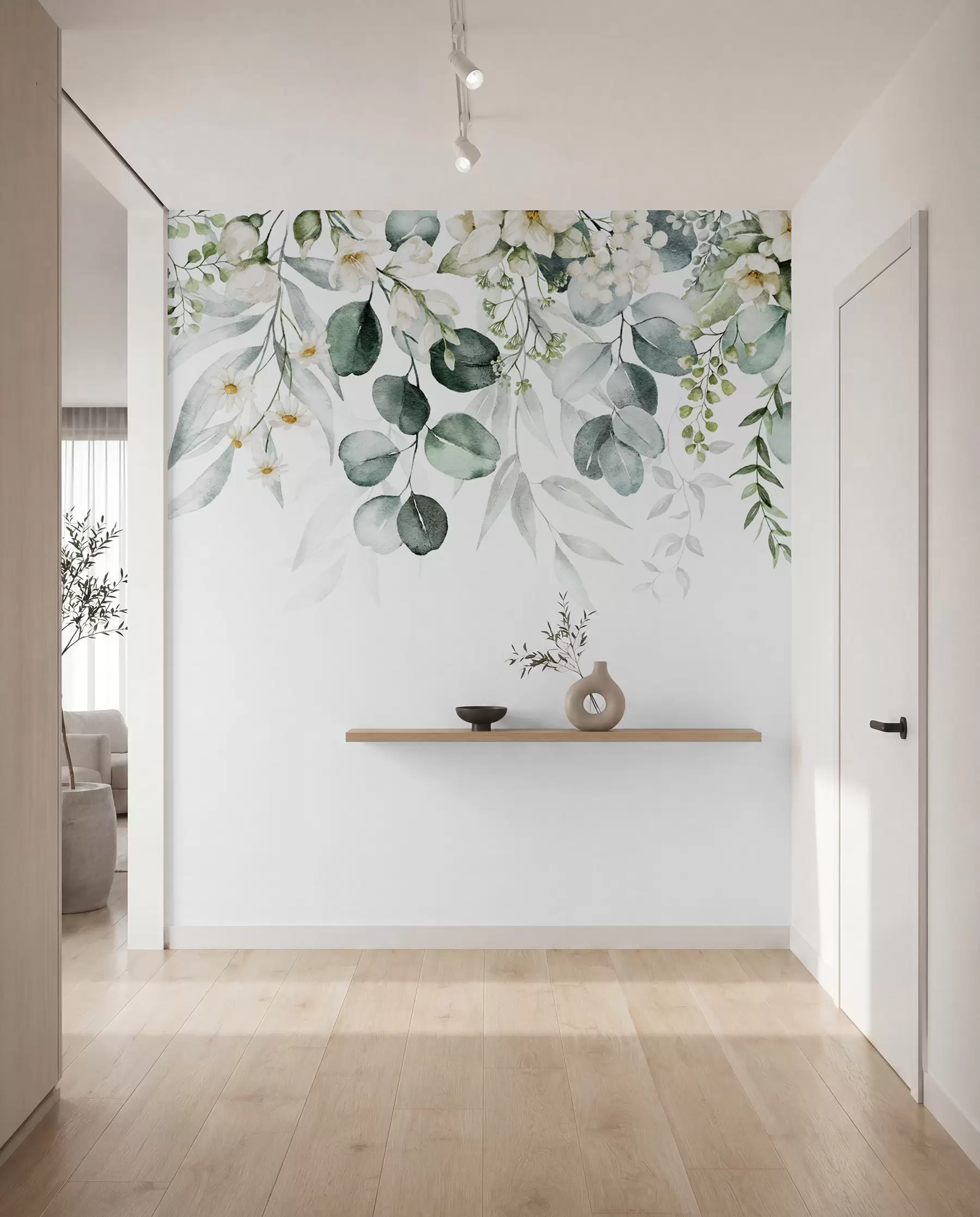wall murals Illustration with green leaves, white flowers, peony and branches u96063