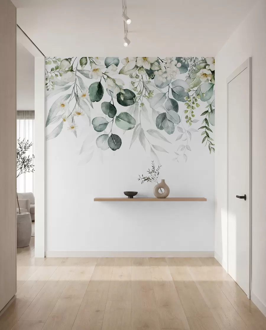 wall murals Illustration with green leaves, white flowers, peony and branches u96063