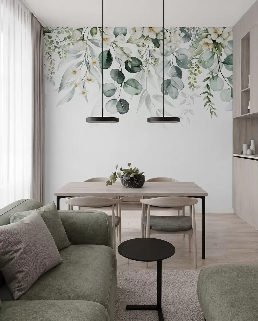 wall murals Illustration with green leaves, white flowers, peony and branches u96063