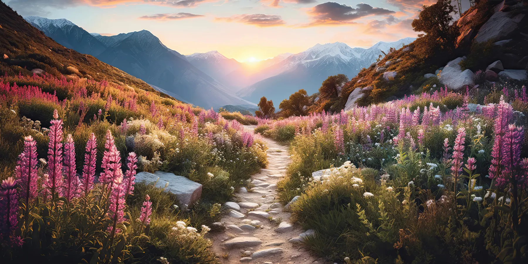 wall murals Mountain landscape magical flowers u96210