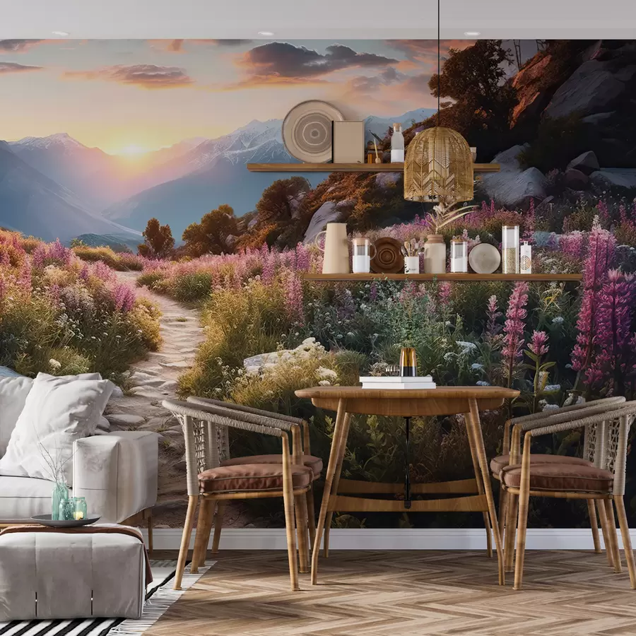 wall murals Mountain landscape magical flowers u96210