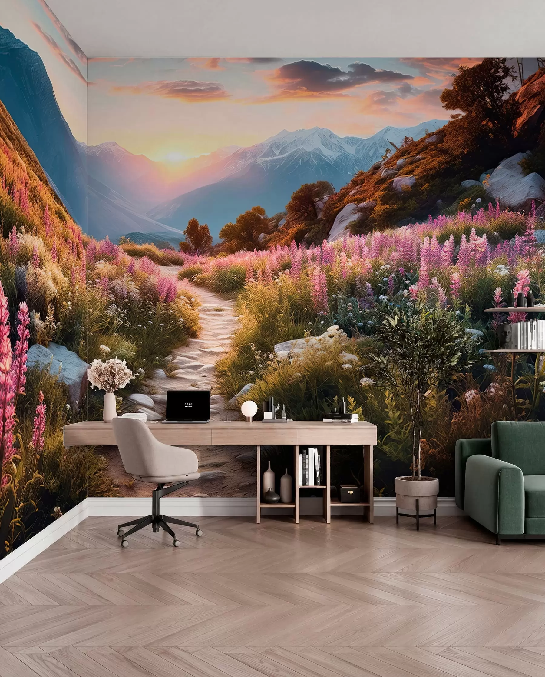 wall murals Mountain landscape magical flowers u96210