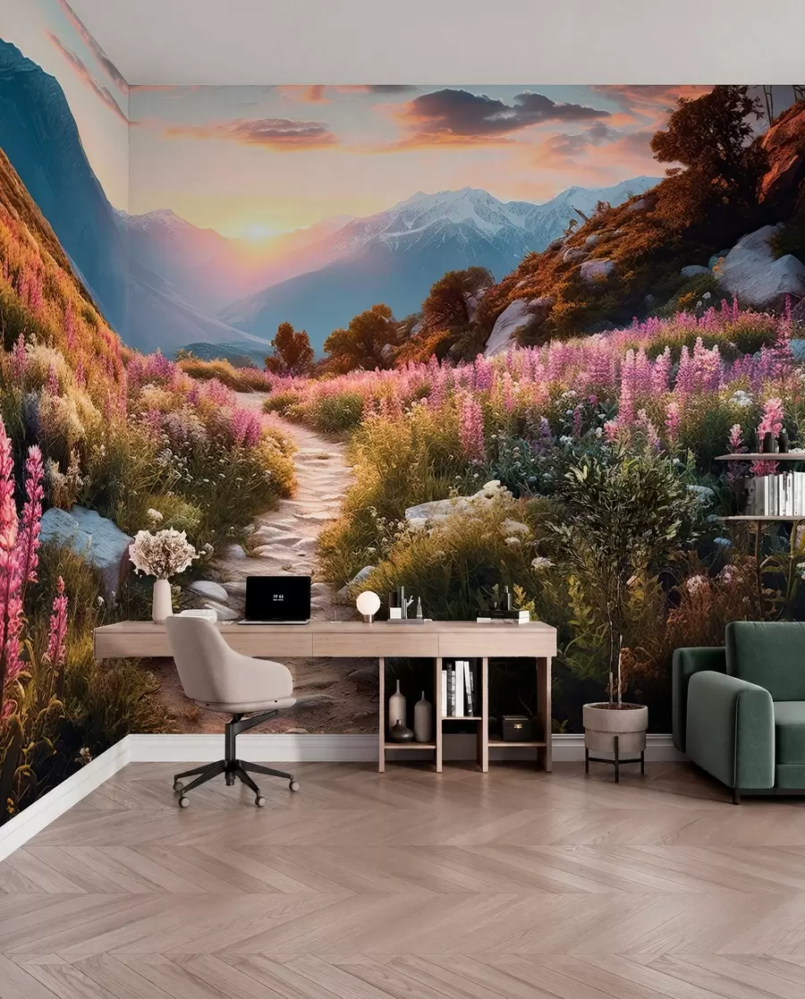 wall murals Mountain landscape magical flowers u96210