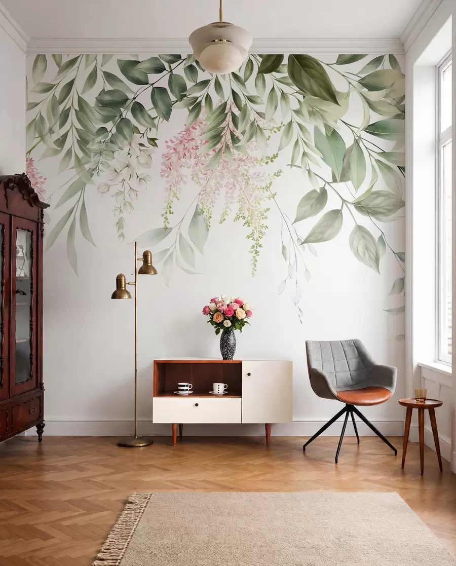 wall murals Foliage with pink flowers u95923