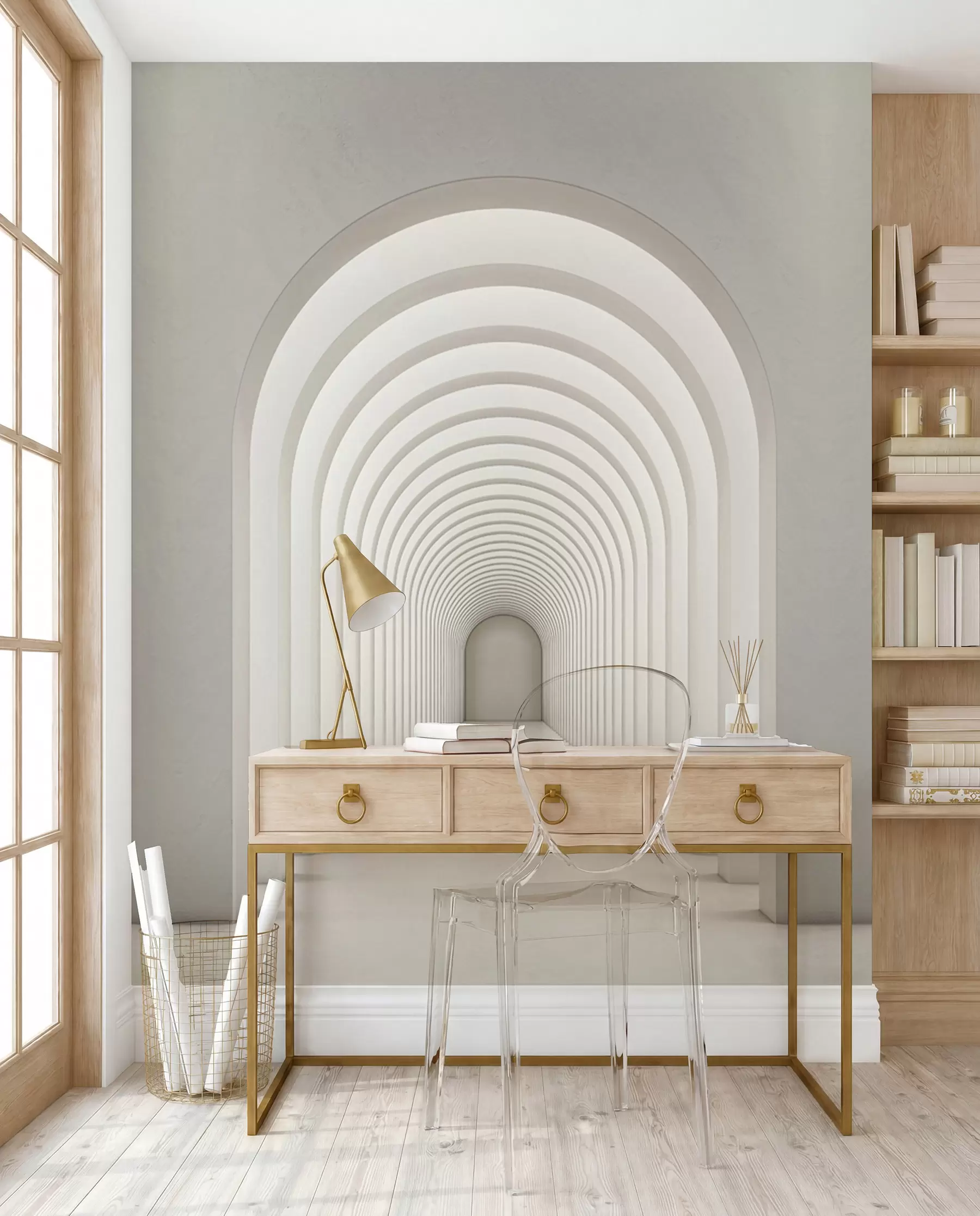 wall murals White concrete arch lined up in a long line with light u96604