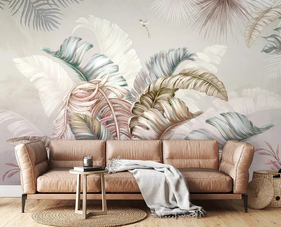 wall murals Tropical illustration with palm banana leaves and birds u96254