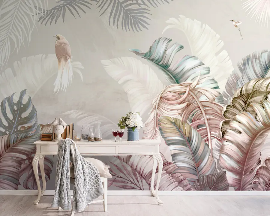 wall murals Tropical illustration with palm banana leaves and birds u96254