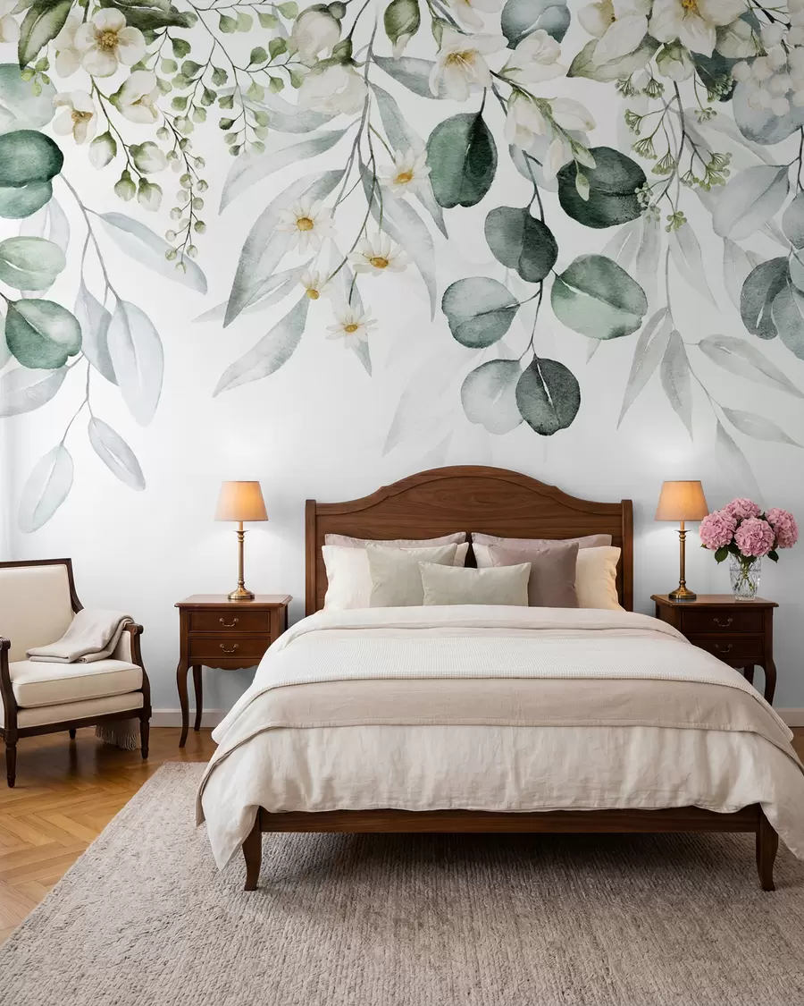 wall murals Watercolor green leaves with flowers u96336