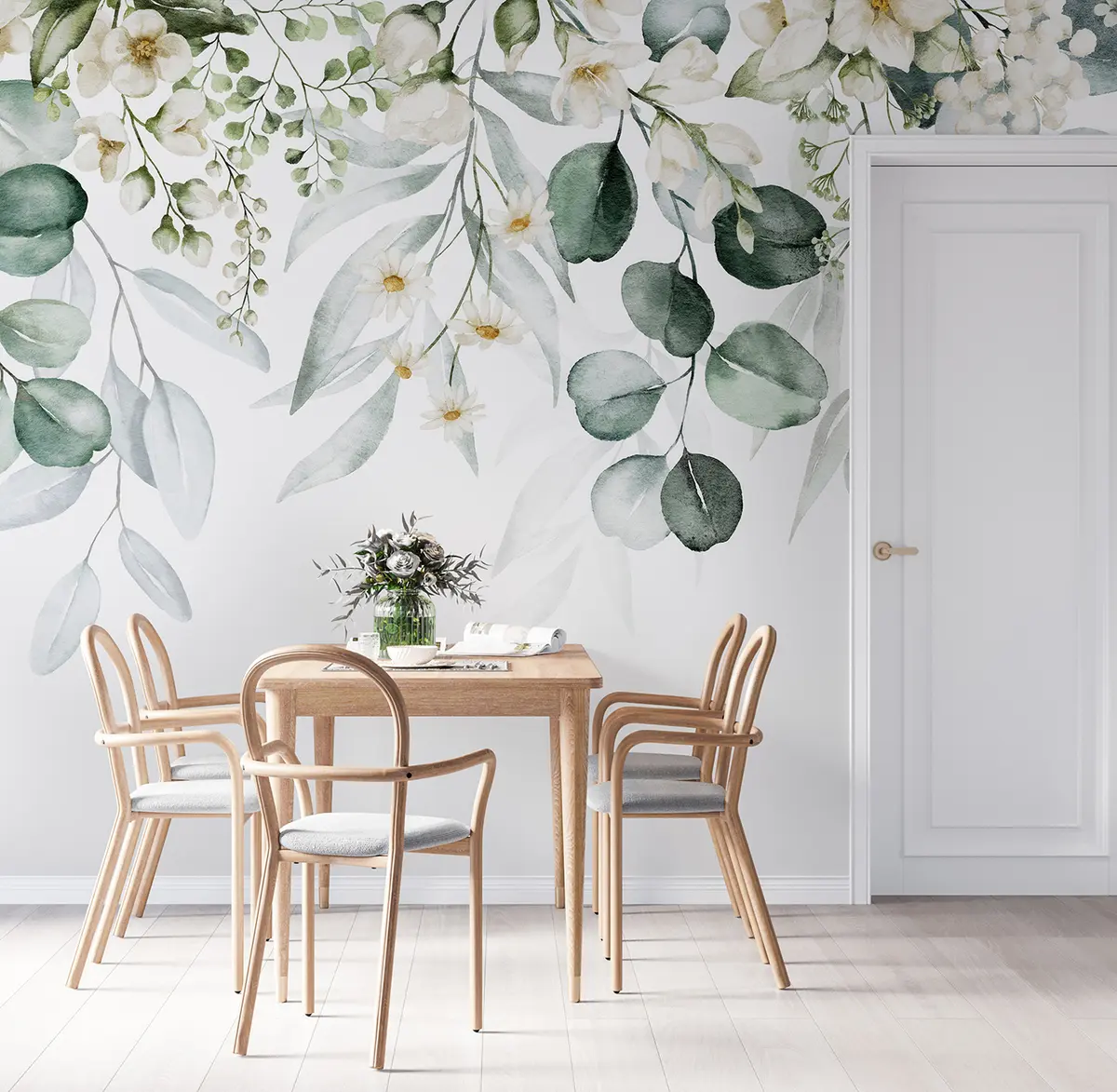 wall murals Watercolor green leaves with flowers u96336