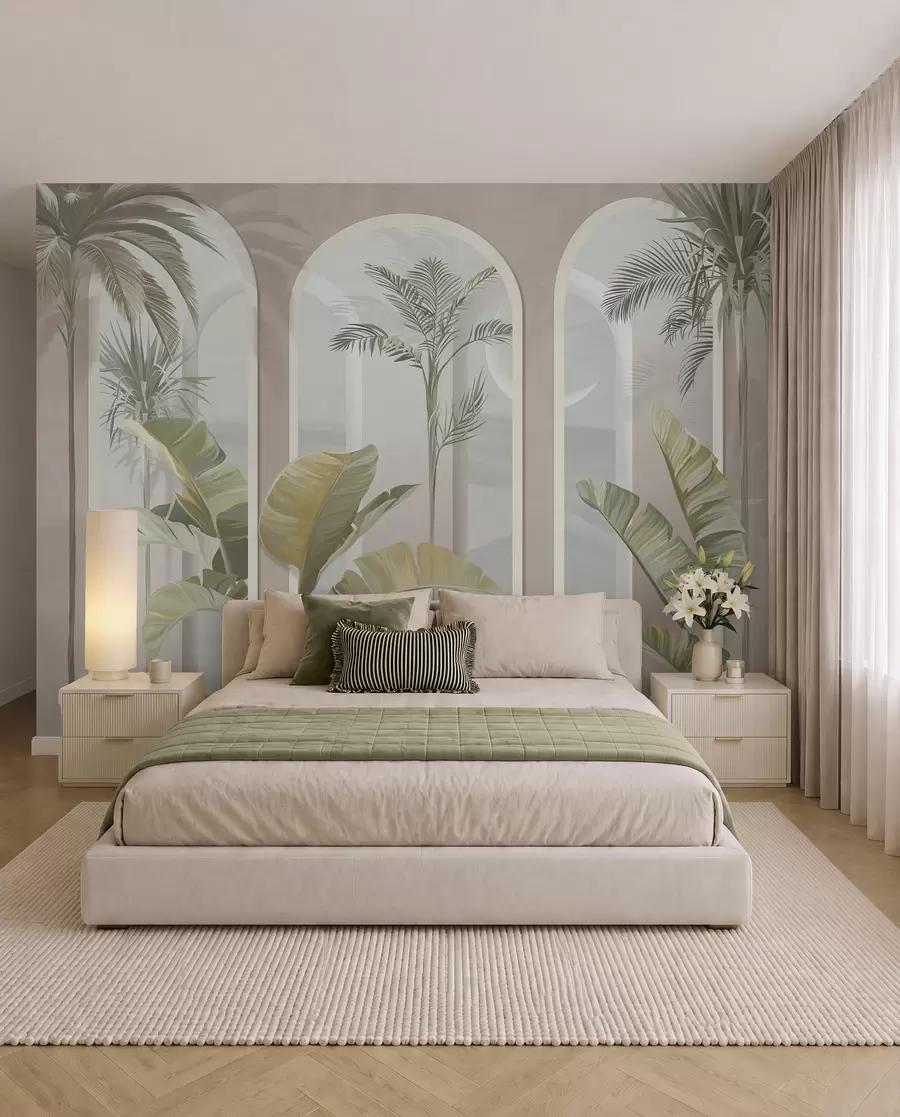 wall murals Tropical 3D leaves with palms and columns u96402