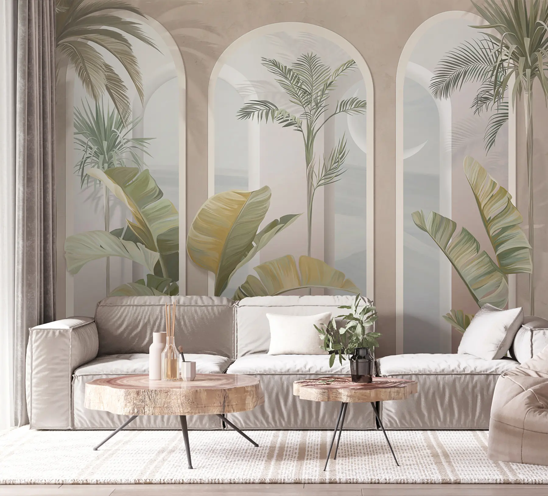 wall murals Tropical 3D leaves with palms and columns u96402