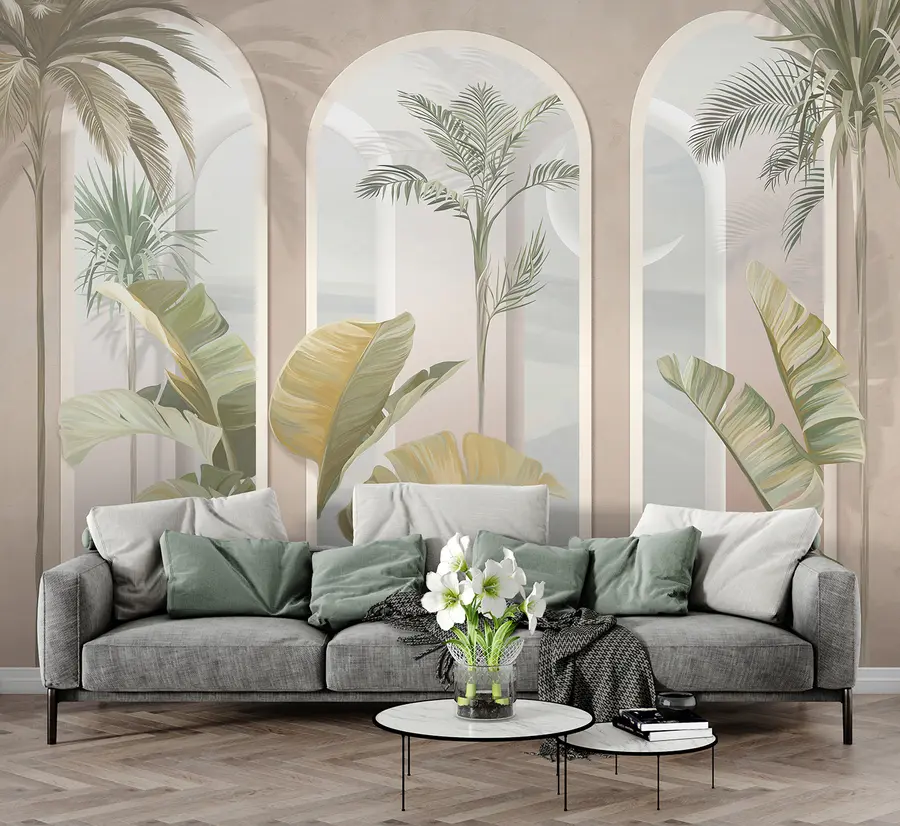 wall murals Tropical 3D leaves with palms and columns u96402
