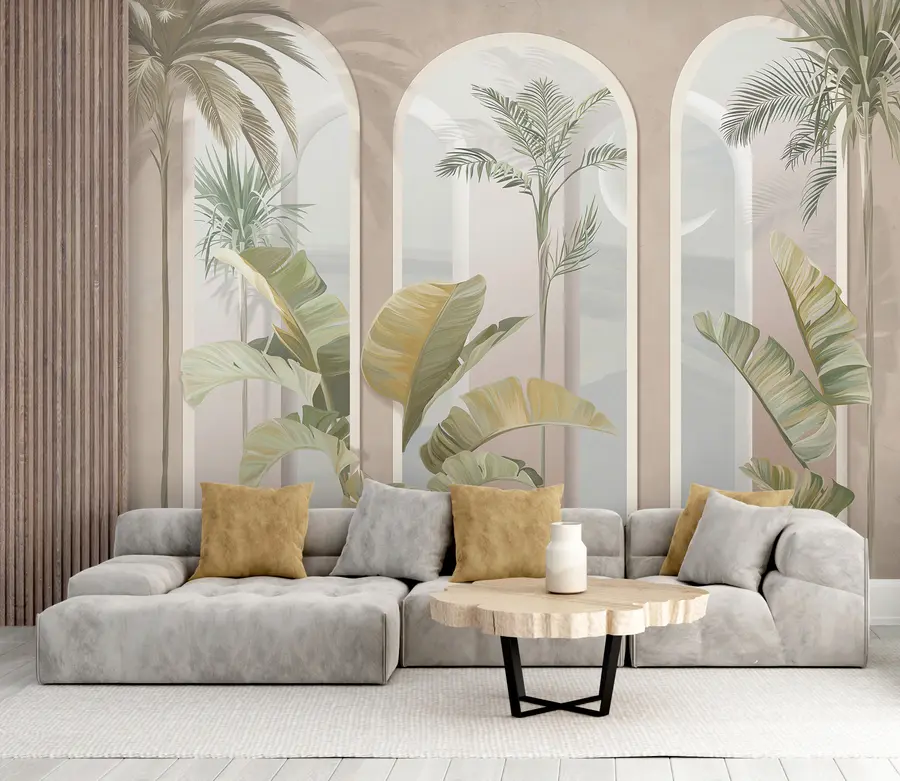 wall murals Tropical 3D leaves with palms and columns u96402