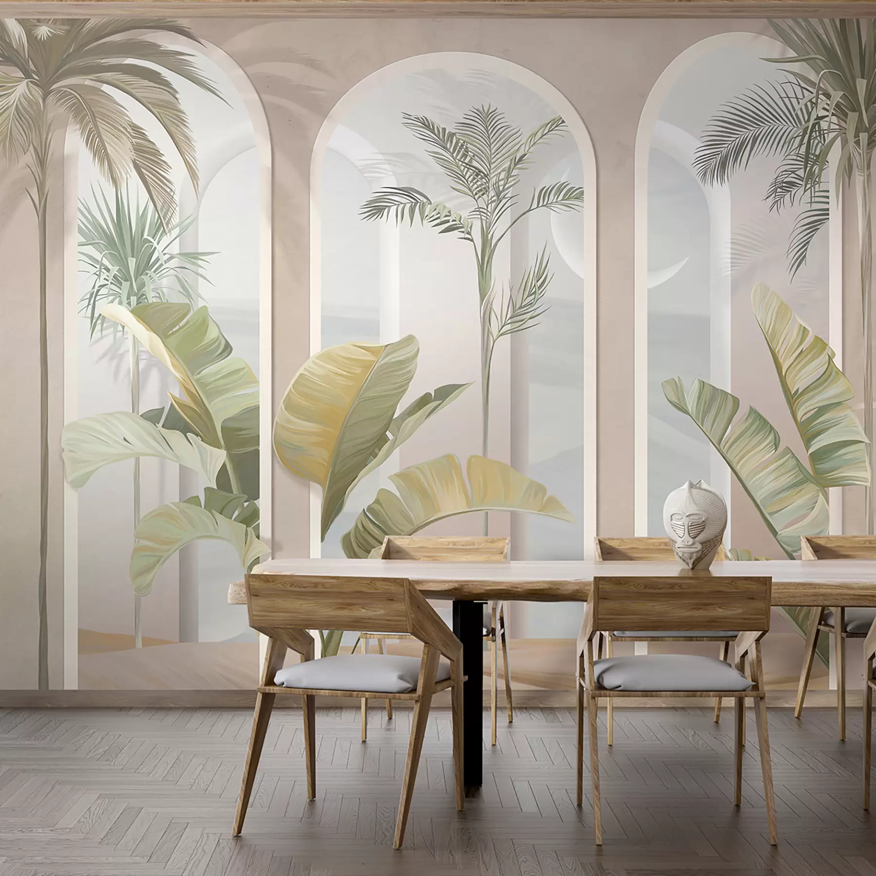 wall murals Tropical 3D leaves with palms and columns u96402