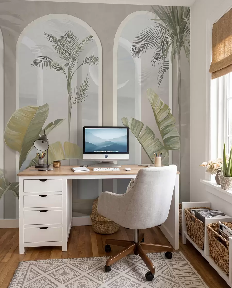 wall murals Tropical 3D leaves with palms and columns u96402