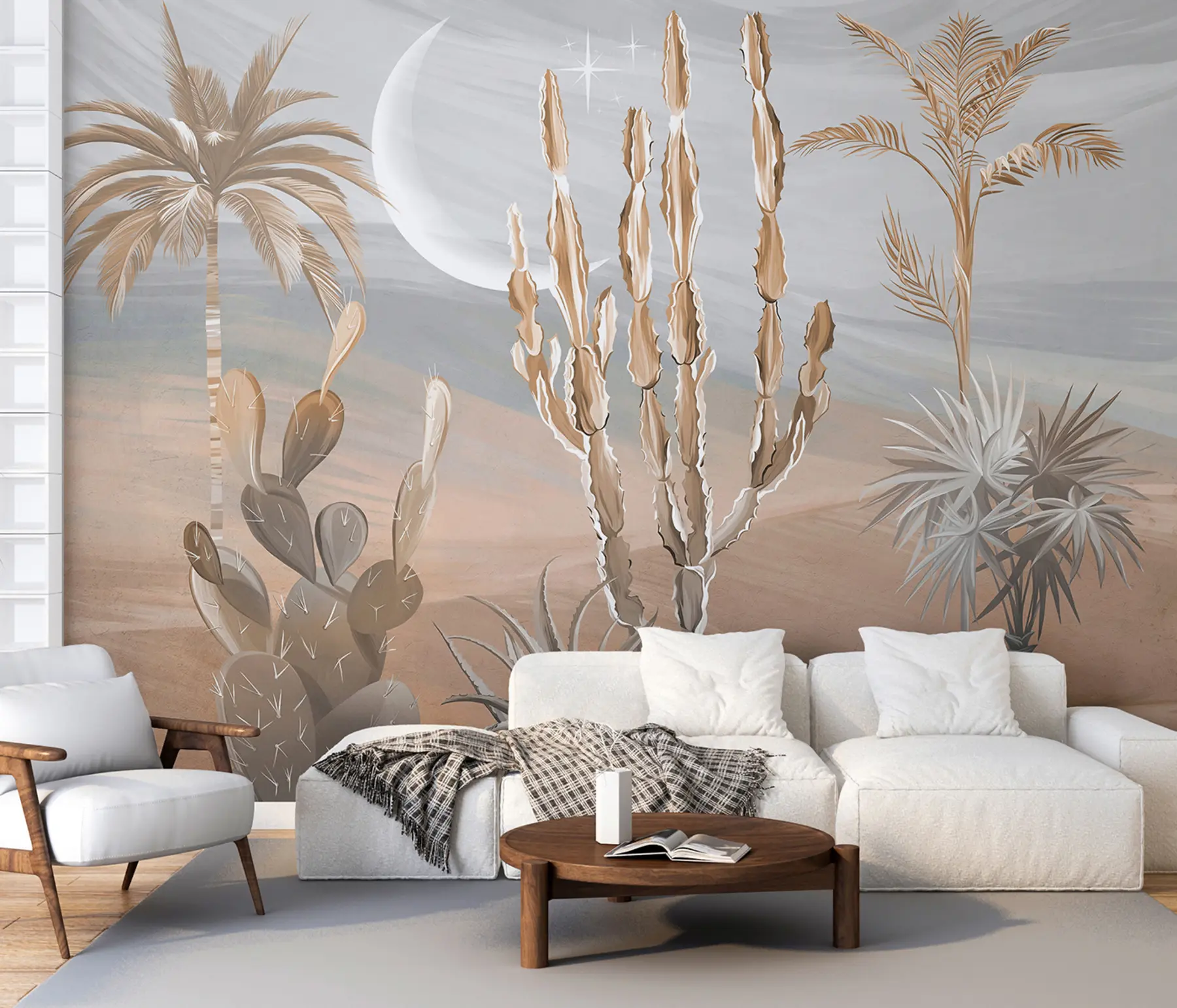 wall murals 3D desert with cacti and tropical leaves u96444