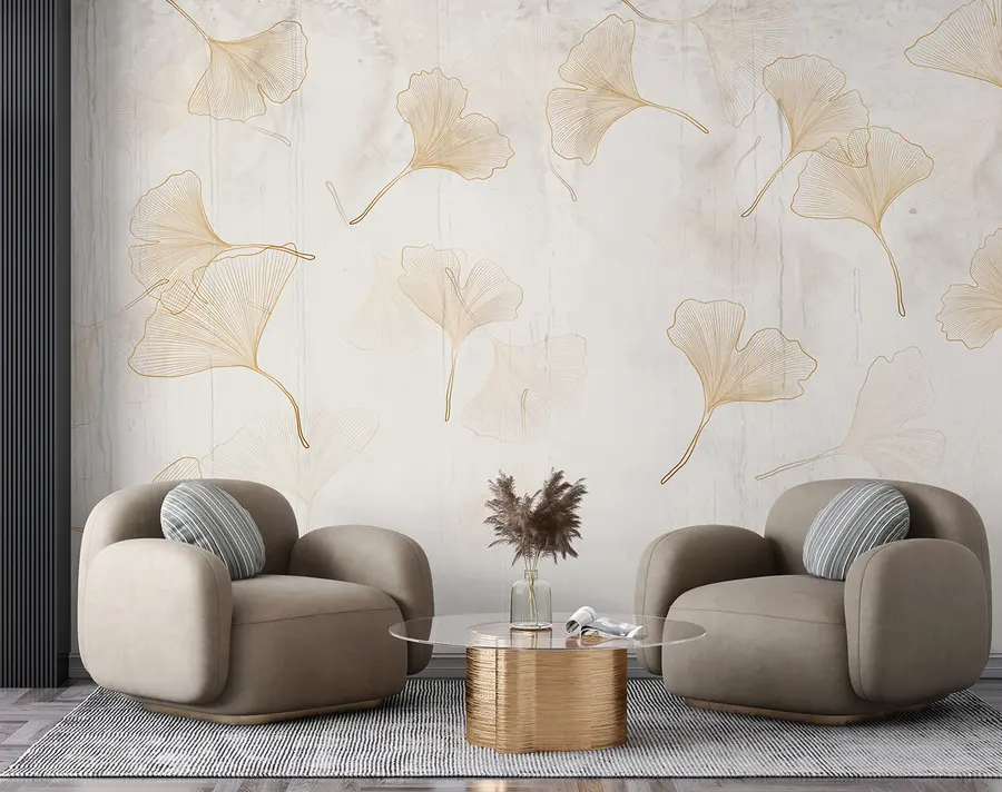 wall murals Ginkgo leaves in beige tones u96467